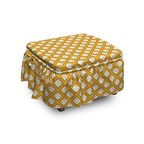 Ambesonne Tulip Ottoman Cover Oriental Squares and Flowers 2 Piece Slipcover Set with Ruffle Skirt for Square Round Cube Footstool Decorative Home Accent Standard Size Peach Earth Yellow