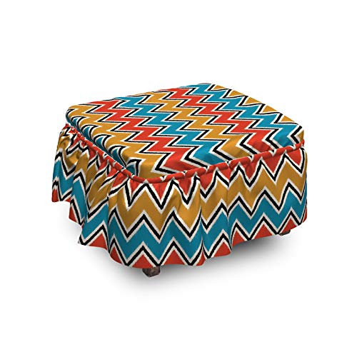 Ambesonne Zigzags Ottoman Cover Tribal Wavy Chevron Shapes 2 Piece Slipcover Set with Ruffle Skirt for Square Round Cube Footstool Decorative Home Accent Standard Size Multicolor