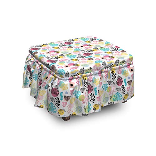 Lunarable Colorful Ottoman Cover Exotic Plants Spots Herbs 2 Piece Slipcover Set with Ruffle Skirt for Square Round Cube Footstool Decorative Home Accent Standard Size Multicolor