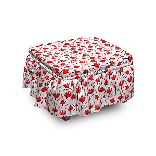Lunarable Floral Ottoman Cover Simple Poppy Flowers Art 2 Piece Slipcover Set with Ruffle Skirt for Square Round Cube Footstool Decorative Home Accent Standard Size Vermilion and Charcoal Grey