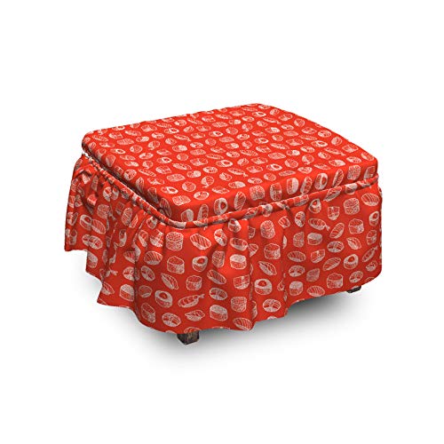 Lunarable Sushi Ottoman Cover Japanese Cusine Outline Japan 2 Piece Slipcover Set with Ruffle Skirt for Square Round Cube Footstool Decorative Home Accent Standard Size Vermilion and White