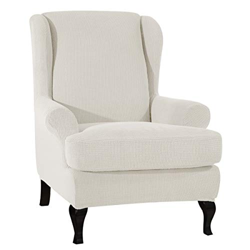 CHUN YI 2-Piece Stretch Jacquard Wing Chair Cover Wing Back Wingback Armchair Chair Slipcovers with Arms Spandex Fabric Sofa Covers Furniture ProtectorIvory White