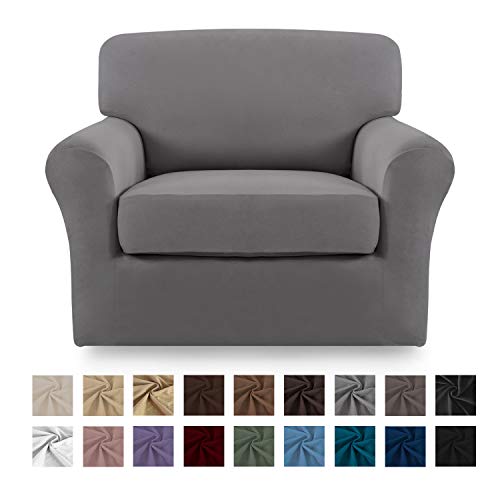 Easy-Going 2 Pieces Microfiber Stretch Couch Slipcover - Spandex Soft Fitted Sofa Couch Cover Washable Furniture Protector with Elastic Bottom for KidsPet Chair Light Gray