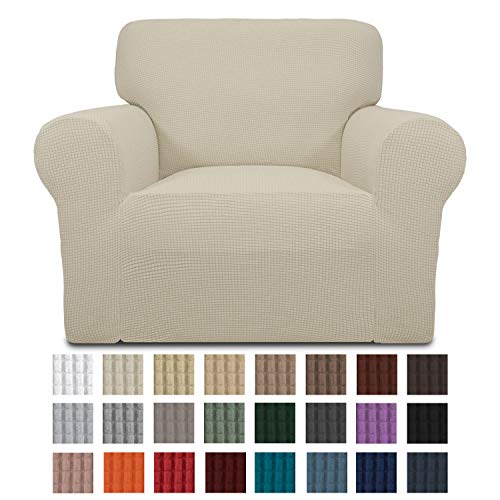 Easy-Going Stretch Chair Sofa Slipcover 1-Piece Couch Sofa Cover Furniture Protector Soft with Elastic Bottom for Kids Spandex Jacquard Fabric Small ChecksChairIvory