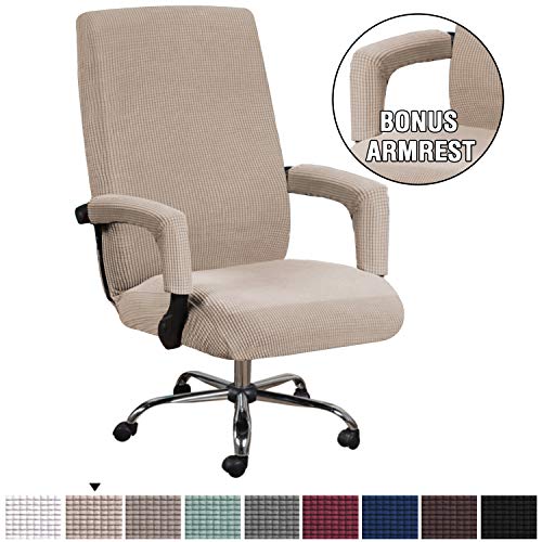HVERSAILTEX Form Fit Stretch Stylish Furniture Cover for ComputerOffice Chair Featuring Rich Jacquard Knitted Fabric Basic Zipper Slipcover for High Back Chair Cover with Arm Covers Large Sand