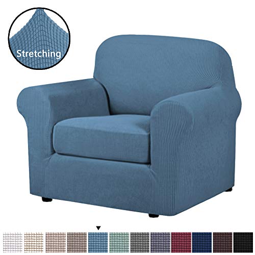 HVERSAILTEX High Stretch Chair Cover Chair Slipcover 2 Piece Couch Shield Furniture CoverProtector Soft with High Spandex Jacquard Checked Pattern Fabric Chair Dusty Blue