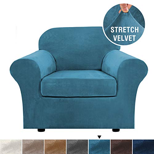 HVERSAILTEX Rich Velvet Stretch 2 Piece Chair Cover Chair Slipcover Sofa Cover Furniture Protector Couch Soft with Elastic Bottom Chair Couch Cover with Arms Machine WashableChairPeacock Blue