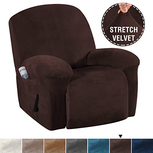 HVERSAILTEX Stretch Recliner Covers with Pockets 1-Piece Recliner Chair Slipcovers Furniture Cover for Recliner Couch Cover Velvet Plush Slipcover Anti-Slip Slipcover Highly FitnessRecliner Brown