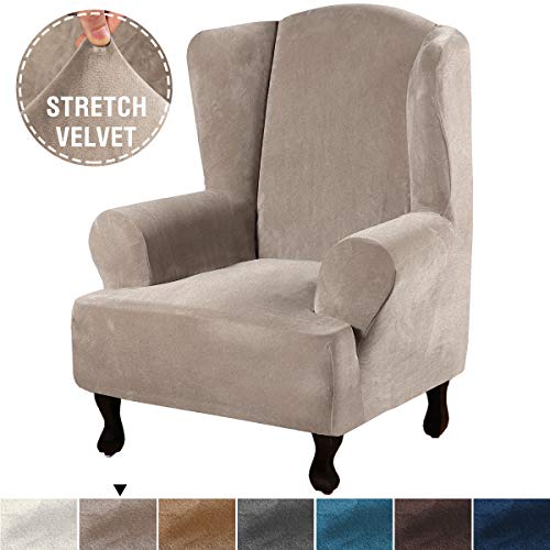 HVERSAILTEX Wing Chair Cover Velvet Plush High Stretch Slipcovers for Wingback Chairs Slip Resistant Stylish Wingback Chair Cover 1 Piece with Elastic Bottom Anti-Slip Foams Added - Taupe