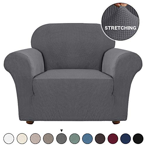 High Stretch Chair Slipcover for Living Room Sofa Cover Furniture Protector Cover with Elastic Bottom Spandex Slip CoversProtector Featuring Jacquard Textured Twill Fabric Chair Grey