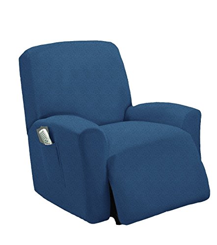 Stretch To Fit One Piece Lazy Boy Chair Recliner Slipcover Stretch Fit Furniture Chair Recliner Cover With 3 Foam Pieces to Hid Extra Fabric 4 ELASTIC STRAPS for Cover Stability Blue