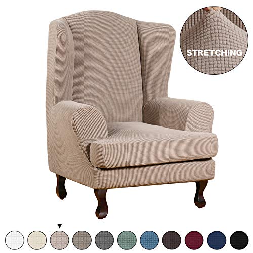 Turquoize Ultra Soft Stretch Wing Back Arm Chair Furniture Cover Slipcover 2 Piece Furniture Slipcover Stay in Place Sofa Cover with Elastic Bottom Spandex Jacquard Fabric Wing Chair Sand