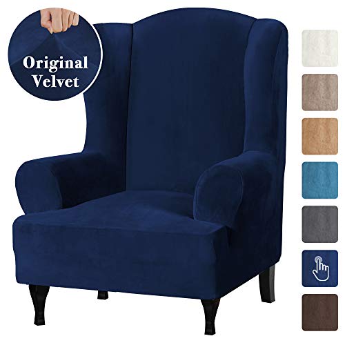 Ultra Velvet Plush High Stretch Sofa CoverWing Chair Slipcover 1 Piece Wing Back Arm Chair Furniture Cover Slipcover with Elastic Bottom Machine Washable Stay in Place Wing Chair Navy