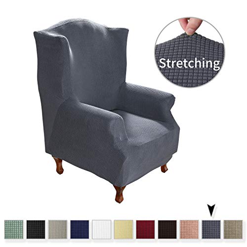 sancua Stretch Spandex Wing Chair Cover 1 Piece Non Slip Wingback Chair Slipcover with Elastic Bottom for Living Room Furniture Protector for Dogs Cats and Pets Wingchair Dark Grey