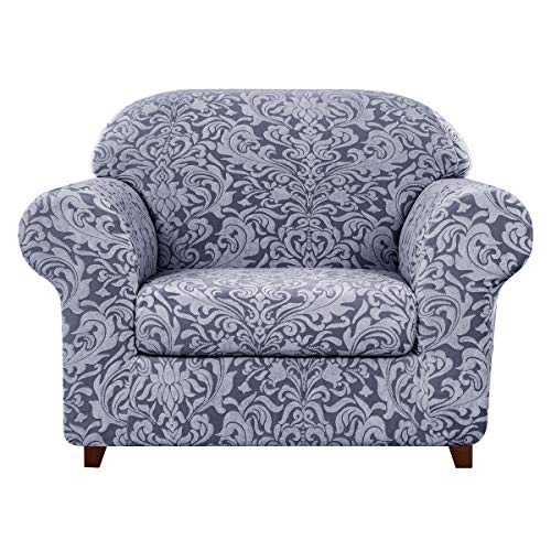 subrtex Sofa Slipcover 2-Piece Jacquard Damask Couch Cover with Seat Cushion Stretch Furniture Protector for Armchair in Living Room for Kids Pets SmallGrayish Blue