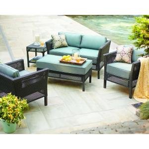 PATIO FURNITURE OUTDOOR LAWN GARDEN HAMPTON BAY FENTON ALL WEATHER RESIN WICKER PEACOCK JAVA CUSHIONS BLUE 4 PC