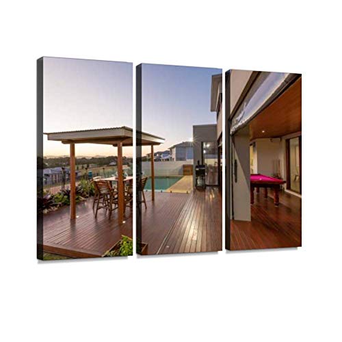 BELISIIS Backyard Patio Setting with Swimming Pool at Sunset Wall Artwork Exclusive Photography Vintage Abstract Paintings Print on Canvas Home Decor Wall Art 3 Panels Framed Ready to Hang