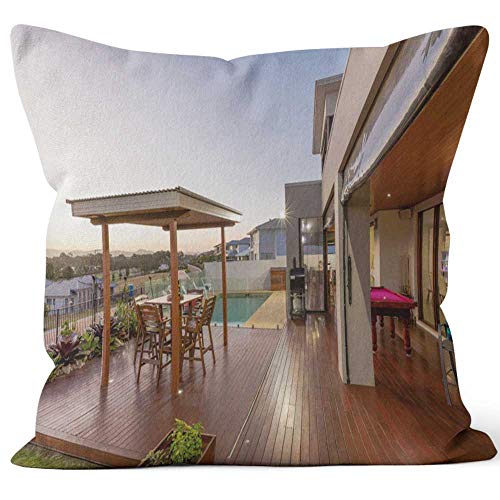 Backyard Patio Setting with Swimming Pool at Sunset Burlap Pillow Home Decor Throw Pillow Cover Cotton Linen CushionHD Printing for Couch Sofa Bedroom Livingroom Kitchen Car24 W by 24 L