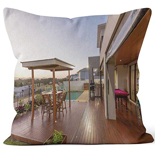 Backyard Patio Setting with Swimming Pool at Sunset Home Decor Throw Pillow Cover Cotton Linen CushionHD Printing for Couch Sofa Bedroom Livingroom Kitchen Car20 W by 20 L