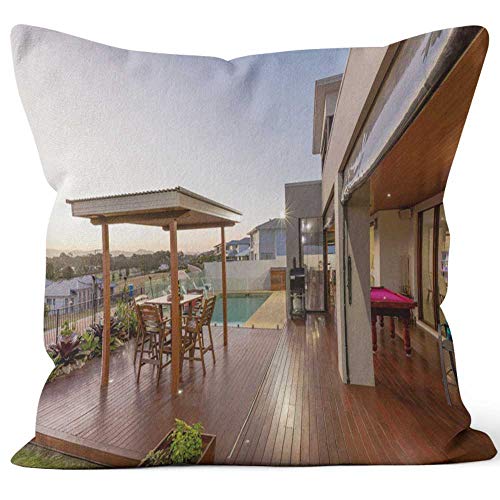 Backyard Patio Setting with Swimming Pool at Sunset Home Decorative Throw Pillow CoverHD Printing Square Pillow case18 W by 18 L