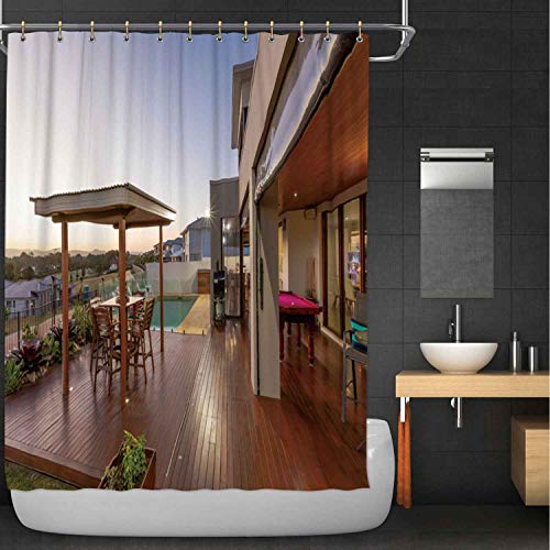 MOOCOM Backyard Patio Setting with Swimming Pool at Sunset 100 Polyester Waterproof Shower Curtain074697 for bothroom59 in x 71 in