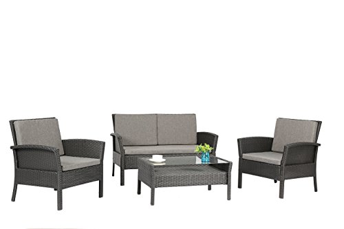 Baner Garden N57-BLACK Outdoor Furniture Complete Patio 4 Piece Polyethylene Wicker Rattan Garden Set Black