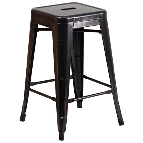 Flash Furniture Backless Metal Indooroutdoor Stool With Square Seat 24&quot Blackantique Gold