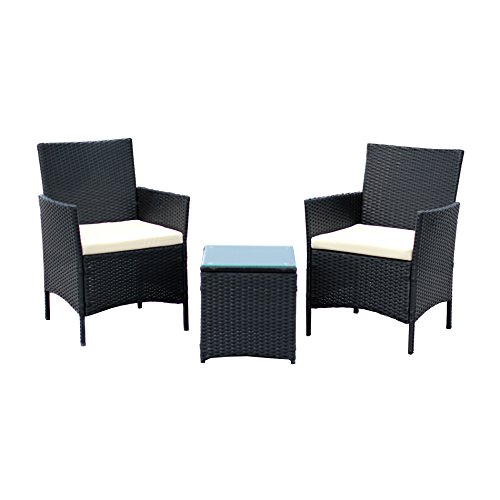 Ids Home 3-piece Compact Outdoorindoor Garden Patio Furniture Set Black Pe Rattan Wicker Seat White Cushions