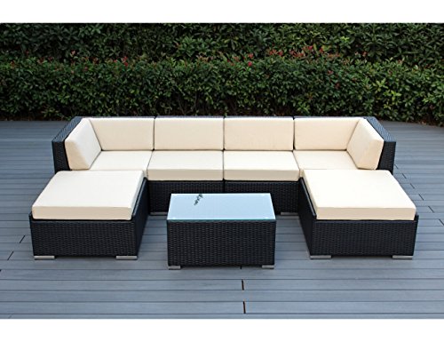 Genuine Ohana Outdoor Patio Wicker Furniture 7pc All Weather Gorgeous Couch Set With Beige Cushion