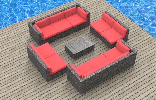 UrbanFurnishingnet 11a-bermuda-coralred 11 Piece Modern Patio Furniture Sofa Sectional Couch Set