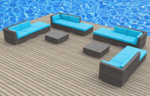 UrbanFurnishingnet 14c-keywest-seablue 14 Piece Modern Wicker Patio Furniture Sofa Sectional Couch Set