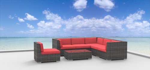 UrbanFurnishingnet 7c-kauai-coralred 7 Piece Modern Patio Furniture Sofa Chair Couch Set