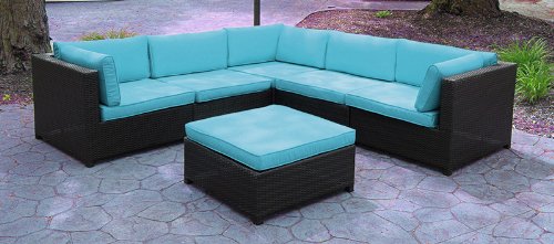 Black Resin Wicker Outdoor Furniture Sectional Sofa Set - Blue Cushions