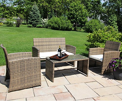 Ecolinear 4pc Rattan Sofa Cushion Seat Garden Patio Lawn Sectional Couch Wicker Furniture Set New Anti-slip Outdoor