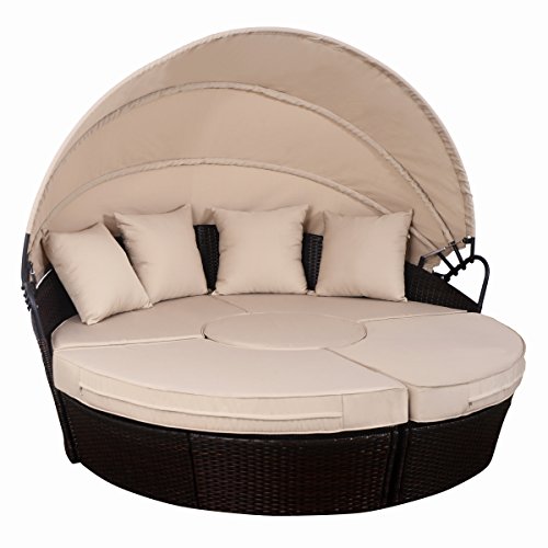 Tangkula Outdoor Patio Round Daybed with Sunbrella Wicker Rattan Sofas with Cushions
