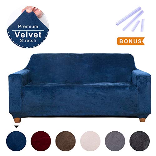 ACOMOPACK Premium Velvet Loveseat Cover High-Stretch Velvet Stretch Couch Cover Loveseat Couch Slipcovers for 2 Cushion Couch Loveseat Cover Protector with Side Pocket Navy Blue