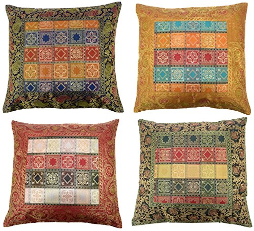 ANJANIYA 4 Banarsi Silk Beautiful Boho Cushion Cover Indian Bohemian Style Silk Throw Pillow Case Hippie Decorative Sofa Couch Cushion Cover Zippered 16x16 Inch Style-1