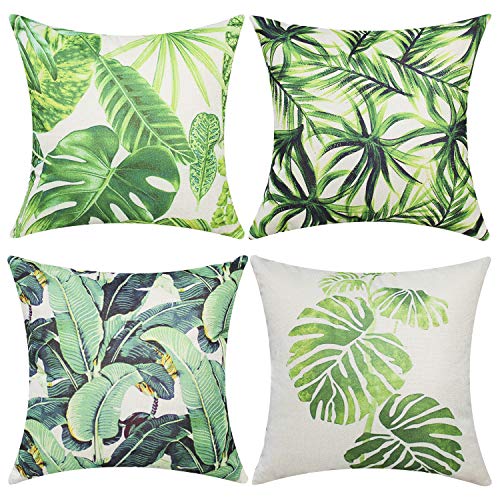 Gysan Tropical Leaves Series Throw Pillow Cover Decorative Cotton Linen Burlap Square Outdoor Cushion Cover Pillow Case for Car Sofa Bed Couch Pack of 4 Tropical Leaves B 18 x 18