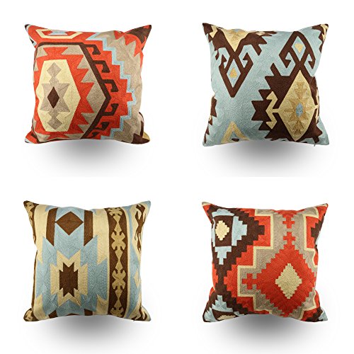 Hodeco Embroidery Throw Pillow Covers 18x18 Inches Indian Style Decorative Floor Pillows Cover for Couch 100 Cotton Cushion Cover Pillow Case Bohemian Design Embroidered Multi Colors Set of 4