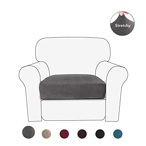 PureFit Stretch Velvet Non-Slip Sofa Couch Cushion Cover - Removable Sofa Seat Covers for Dogs Washable Elastic Furniture Slipcovers Protector for Kids and Pets Chair Gray