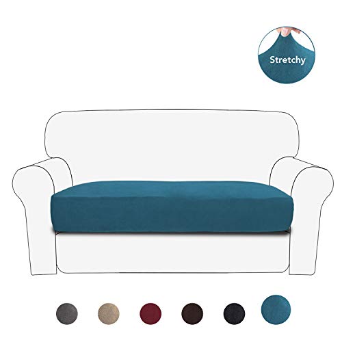PureFit Stretch Velvet Non-Slip Sofa Couch Cushion Cover - Removable Sofa Seat Covers for Dogs Washable Elastic Furniture Slipcovers Protector for Kids and Pets Medium Peacock Blue