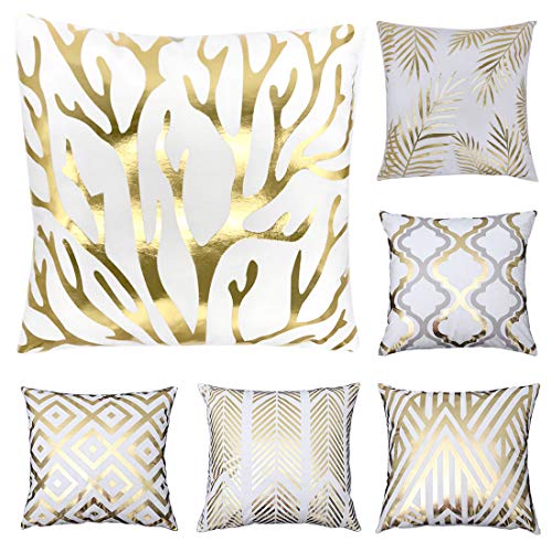 Tebery 6 Pack Gold Stamping Throw Pillow Covers Cases Soft Square Decorative Cushion Covers for SofaCouch - 18 x 18 Inches