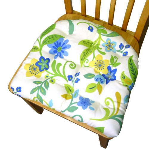 Small Patio Chair Cushion - Tessie Blue White Contemporary Garden Floral - Indoor Outdoor Mildew Resistant Fade Resistant - Outdoor Dining Set Chair Pad with Ties - Reversible Tufted - Outdoor Furniture Replacement Cushion for Patio Armchair