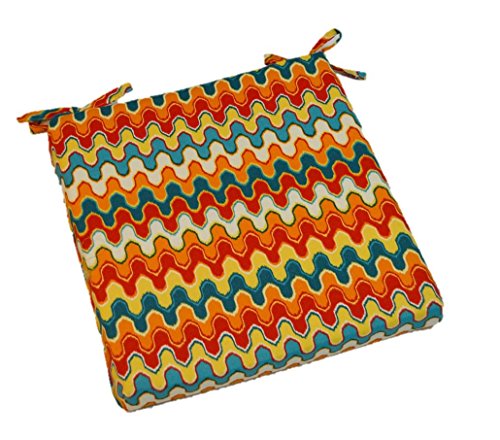 Indoor / Outdoor Red, Orange, Teal, Yellow Geometric Flame Stitch Universal 2” Thick Foam Seat Cushion With Ties