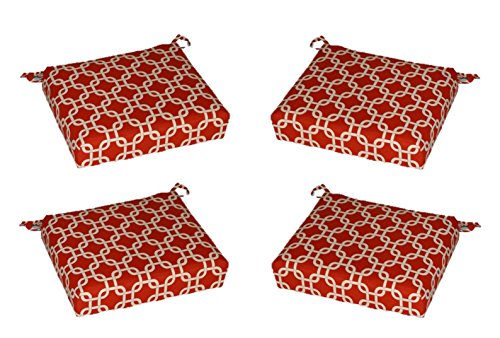 Set of 4 - Indoor  Outdoor Red and White Geometric Chain Link Print Universal 2 Thick Foam Seat Cushions with Ties for Dining Patio Chairs - Choose Size 20 x 18