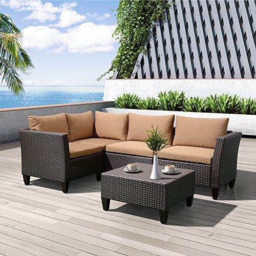 Patio Garden Furniture Sofa Set of 5 Pieces Resin Wicker Rattan Sectional Sofa with Cushions Coffee Table with Tempered Glass All Weather Resistant