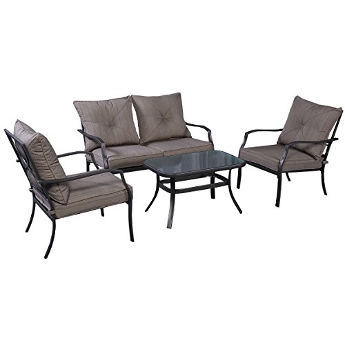 Tangkula 4 Pcs Steel Frame Outdoor Patio Lawn Furniture Sets Sofas With Cushions Tea Table