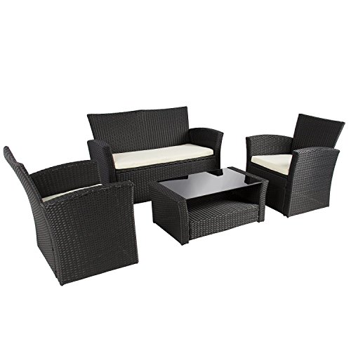 Walcut 4 PCS Rattan Patio Black Weatherproof Rattan Wicker Furniture Set Garden Lawn Sofa With Cushion And Table