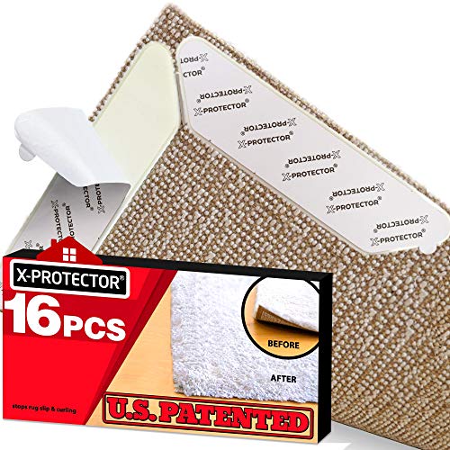 Rug Grippers X-PROTECTOR - Best 16 pcs Anti Curling Rug Gripper Keeps Your Rug in Place Makes Corners Flat Premium Carpet Gripper with Renewable Carpet Tape - Ideal Non Slip Rug Pad for Your Rug