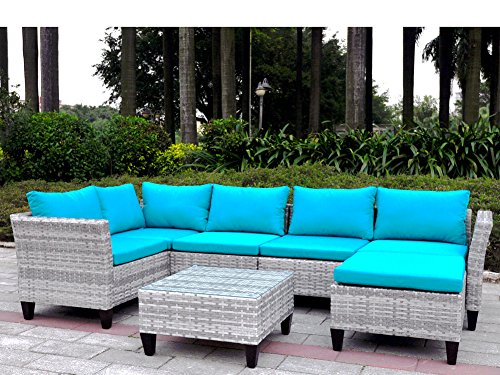 7 Pieces Outdoor Wicker Patio Sofa Set with Cushions Sectional Conversation Sofa Couch Set with Leg Leveler UVFadeWaterSweatRust Resistant Mix Gray  Blue Cushions